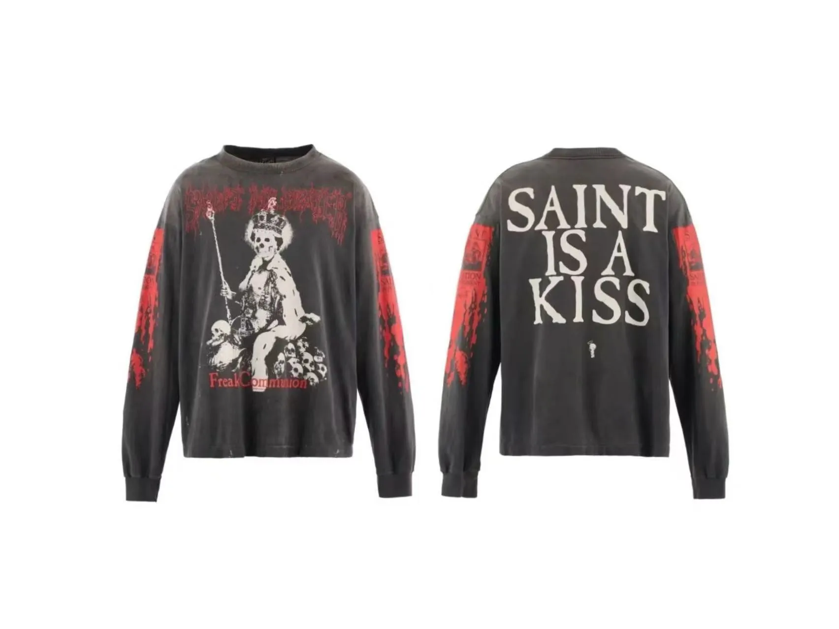 In stock ST1071 style washed gray P170 SAINT MXXXXXX and Polos Skull Throne washed long sleeves Size S-M-L-XL